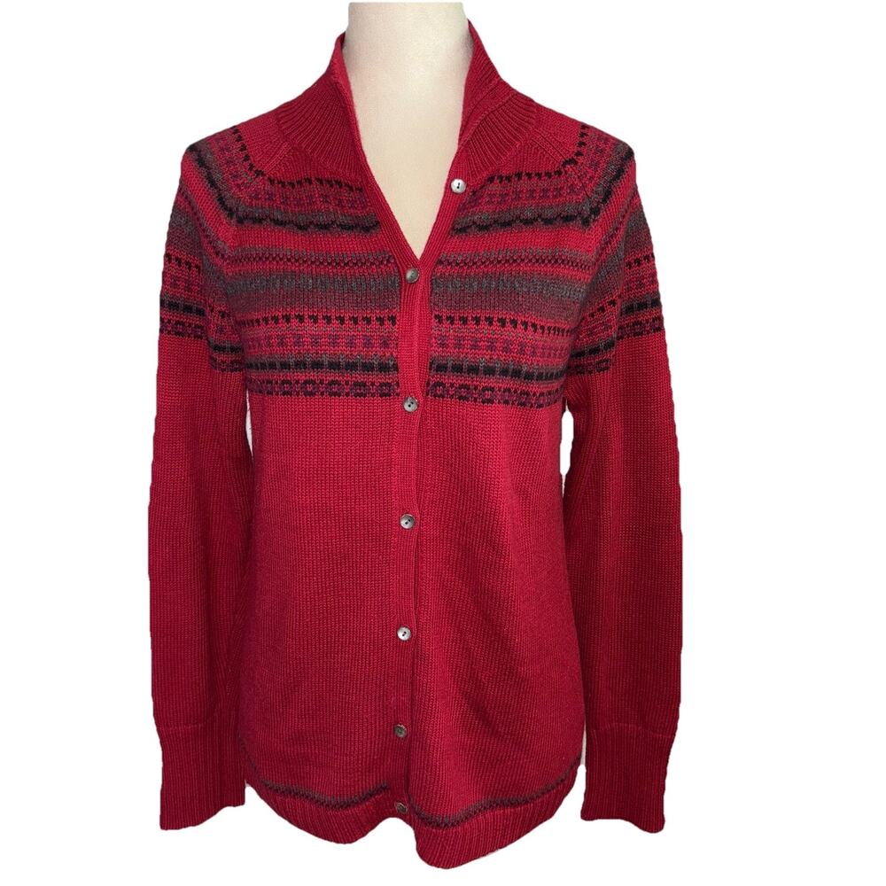 Eddie Bauer Womens SZ Med Red Button Up‎ Cardigan Sweater Nordic Fair Isle